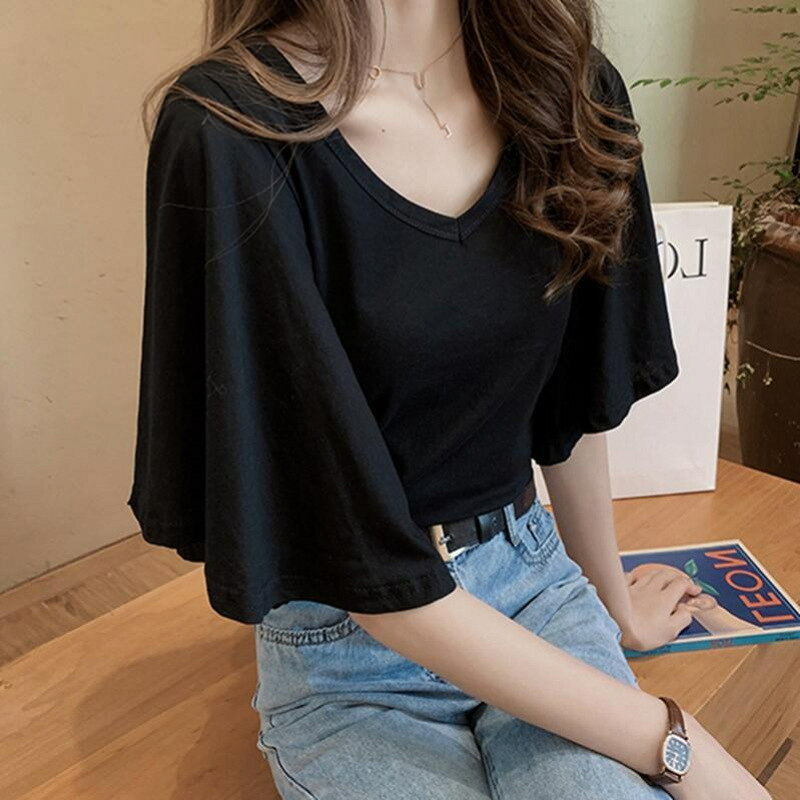 Rakuten - Tシャツ 半袖 レディース トップス Vネック フレアスリーブ カットソー ドロップショルダー 五分袖 ゆったり 体型カバー 無地 シンプル カジュアル 涼しい 薄手 夏服 夏コーデ おしゃれ フェミニン 大人可愛い 重ね着風 着痩せ風 上品 大きいサイズ