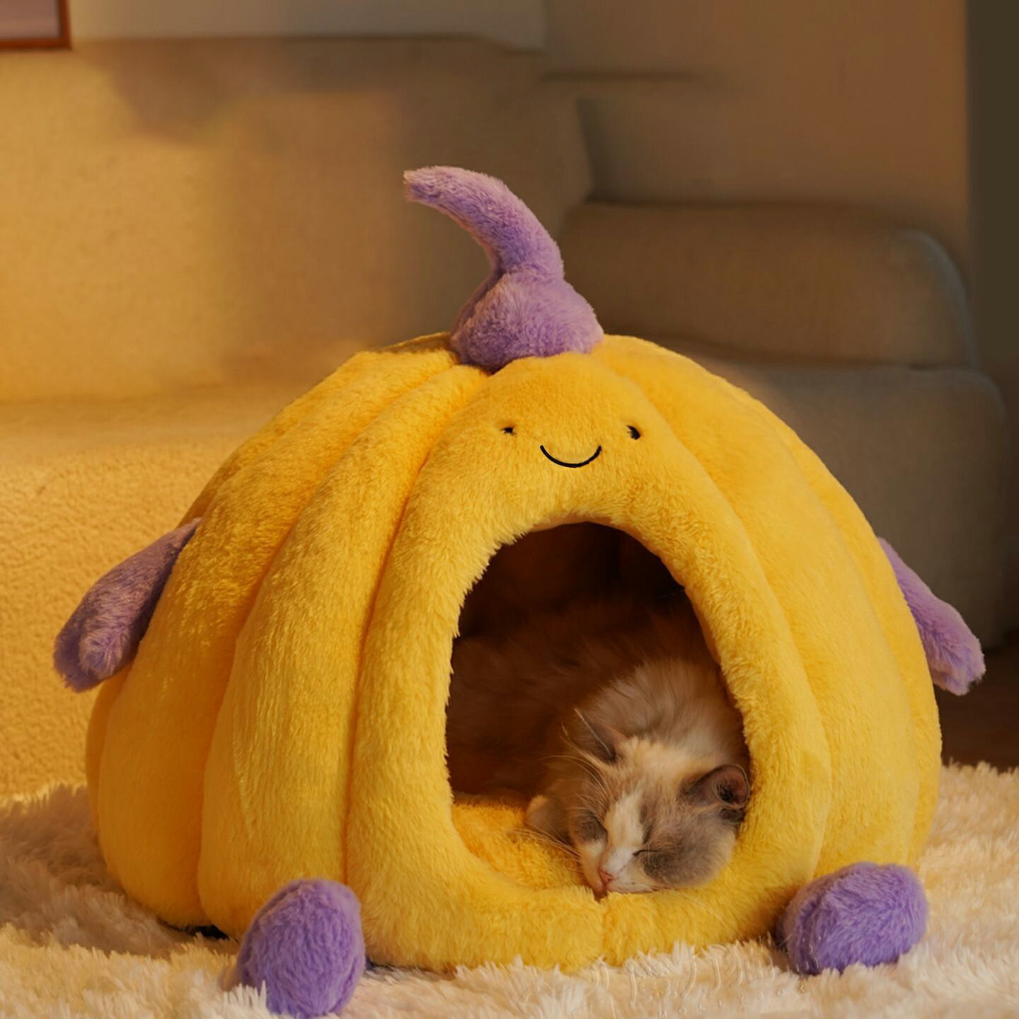 Rakuten - 猫 ベッド ドーム型 冬用 あったか 猫ハウス 四季通用 フワフワ クッション付き 保温 洗える かわいい 南瓜デザイン 小型犬兼用 安心感のある隠れ家