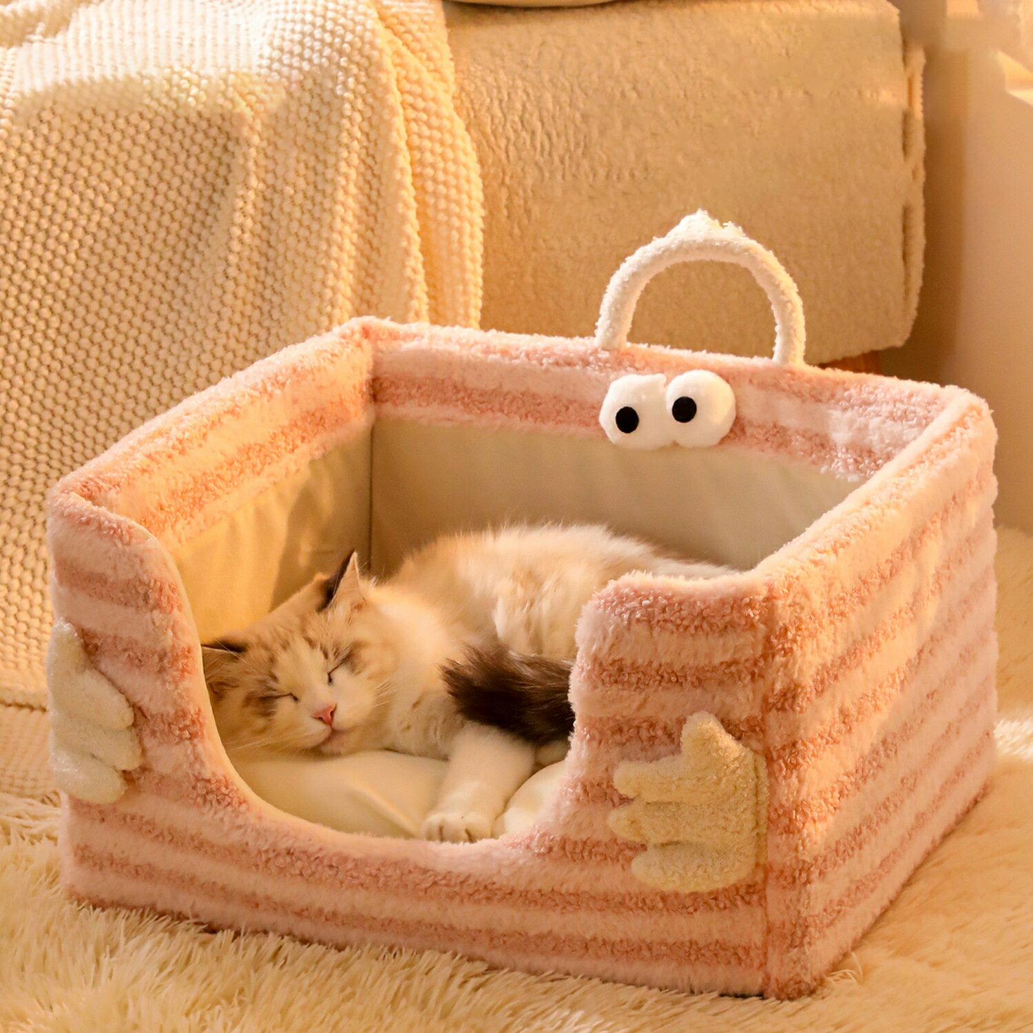 Rakuten - 【冬用 猫ベッド】ふわふわ 大型 あったか ハウス ハンモック 月デザイン ベルベット素材 半密閉式 洗える 保温 省エネ 防寒 小型犬 猫 ペットベッド かわいい おしゃれ 癒し プレゼント ギフト 8kg以内