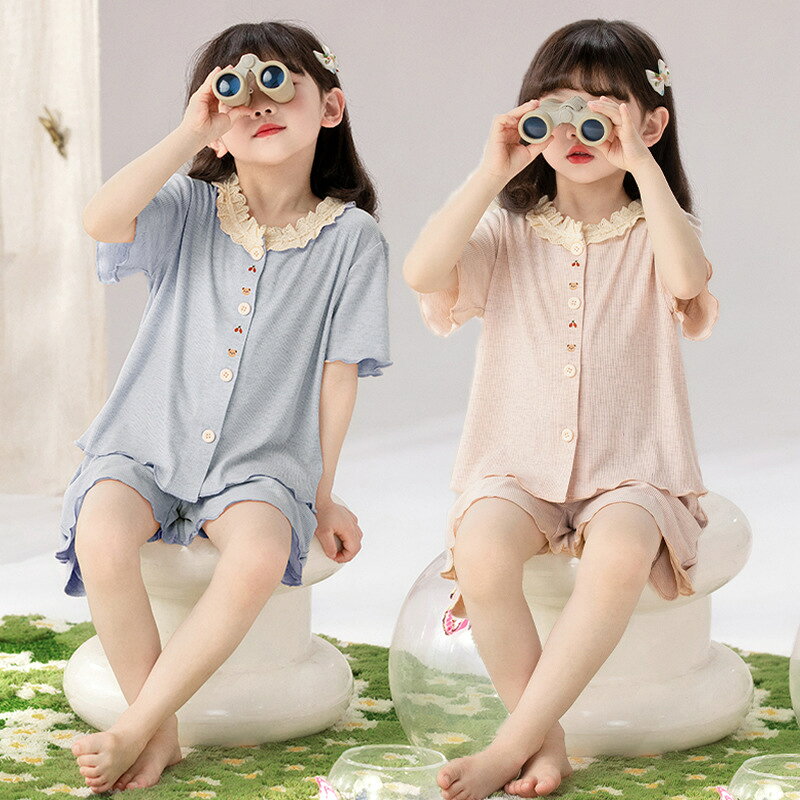 樂天商城 - 女の子 パジャマ 夏 半袖 キッズ ルームウェア 上下セット ショートパンツ モダール 薄手 涼しい 前開き 開襟 カーディガン風 フリル襟 可愛い シンプル 寝巻き 外着可能 親子コーデ ジュニア 8歳以上 140cm以上