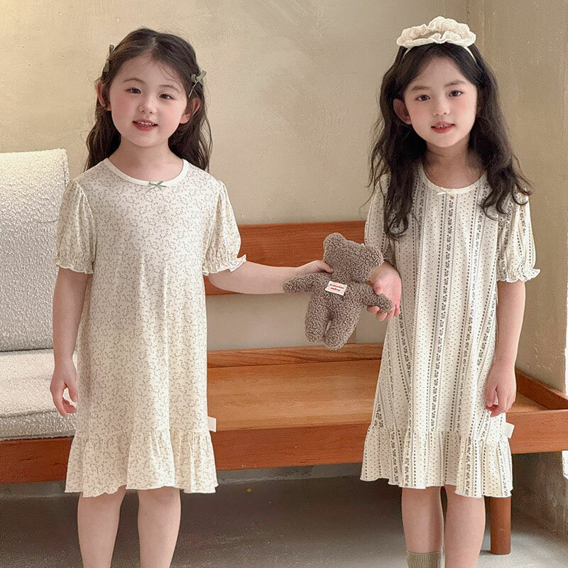 Rakuten - 女の子 パジャマ 夏 キッズ ルームウェア パジャマワンピース 2026新作 半袖 小花柄 リヨセル A類基準 薄手 通気性 涼しい フリル 可愛い ナイトワンピース 100 110 120 130 140