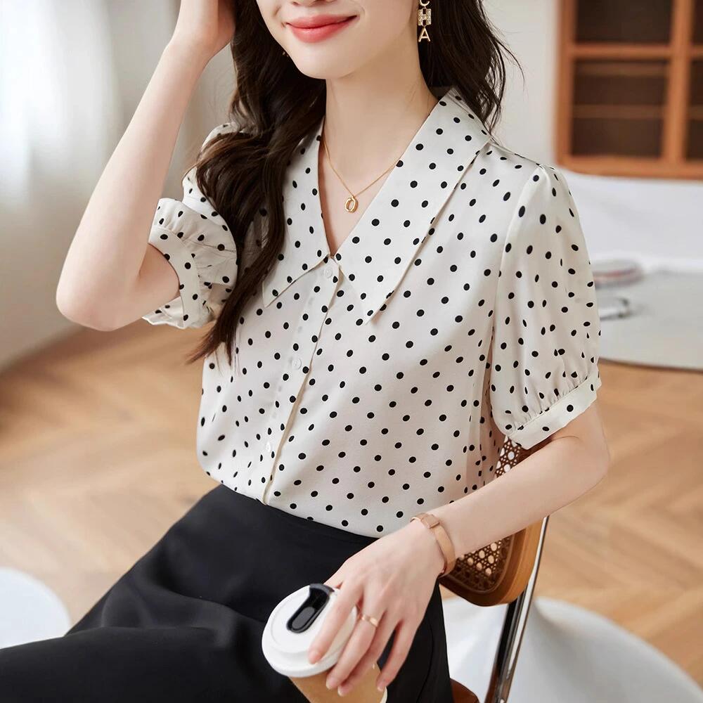 Rakuten - ブラウス シャツ レディース シフォン トップス Vネック ドット柄 半袖 パフスリーブ 少女感 着痩せ おしゃれ シンプル 可愛い 前開き 柔らかい 薄手 水玉 春夏秋 大人 通勤 ゆったり きれいめ デート 春夏