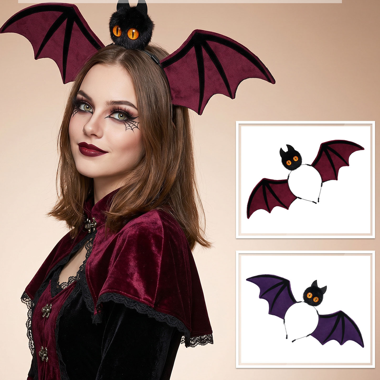 【ハロウィン・コスプレに】コウモリ 羽根 カチューシャ 仮装 ヘアバンド 獣耳 毛玉 目玉オレンジ パーティー 変身 グッズ 吸血鬼 小道具 イベント レッド/パープル 2色展開 可愛い 面白い 撮影用