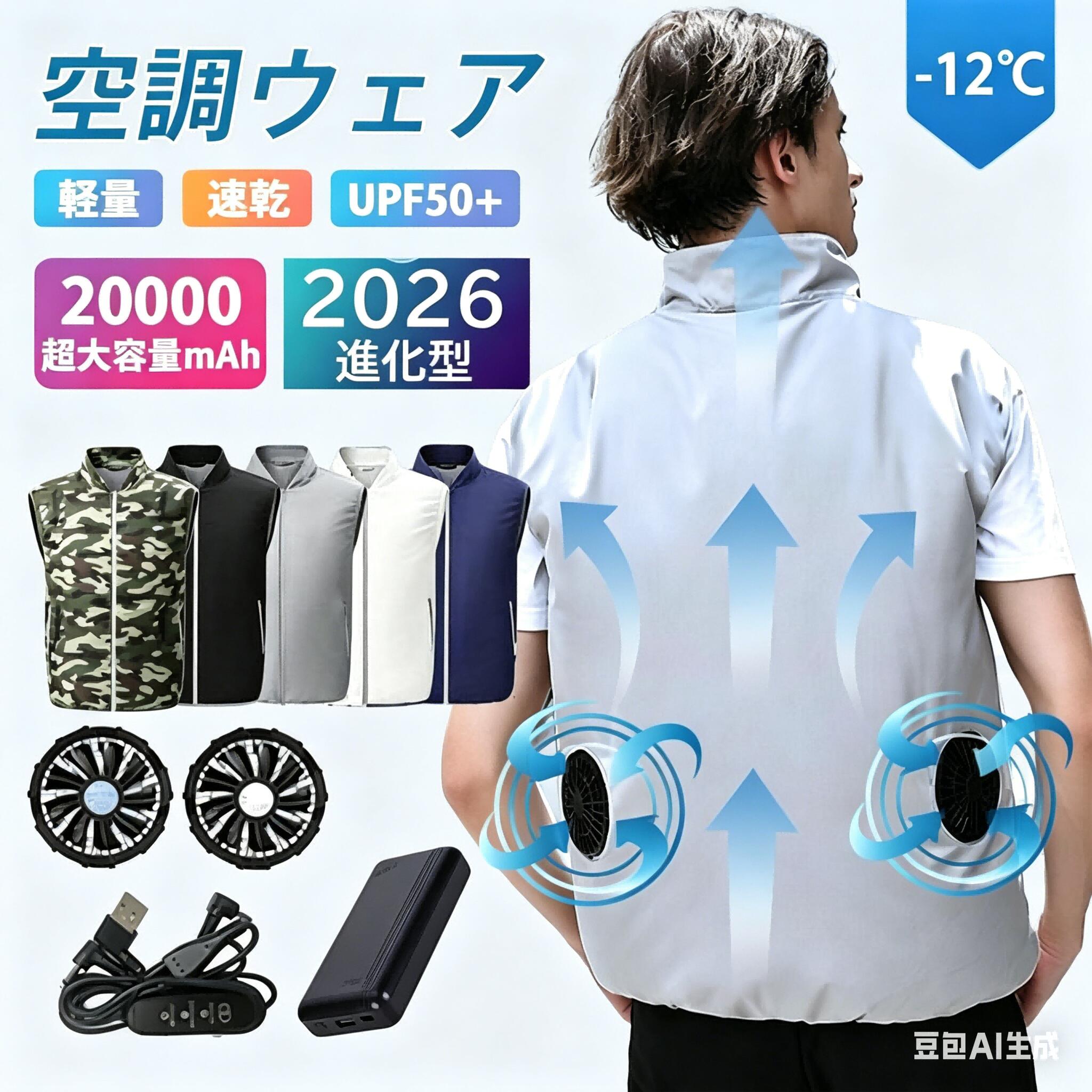 乐天商城 - 正規品 空調作業服 ファン付き 半袖 男女兼用 扇風機 大風量 20000mAh UVカット 通気性 3段階強風 UPF50+ 空調ベスト 冷却服 空調ウェア エアコン服 ワークマン