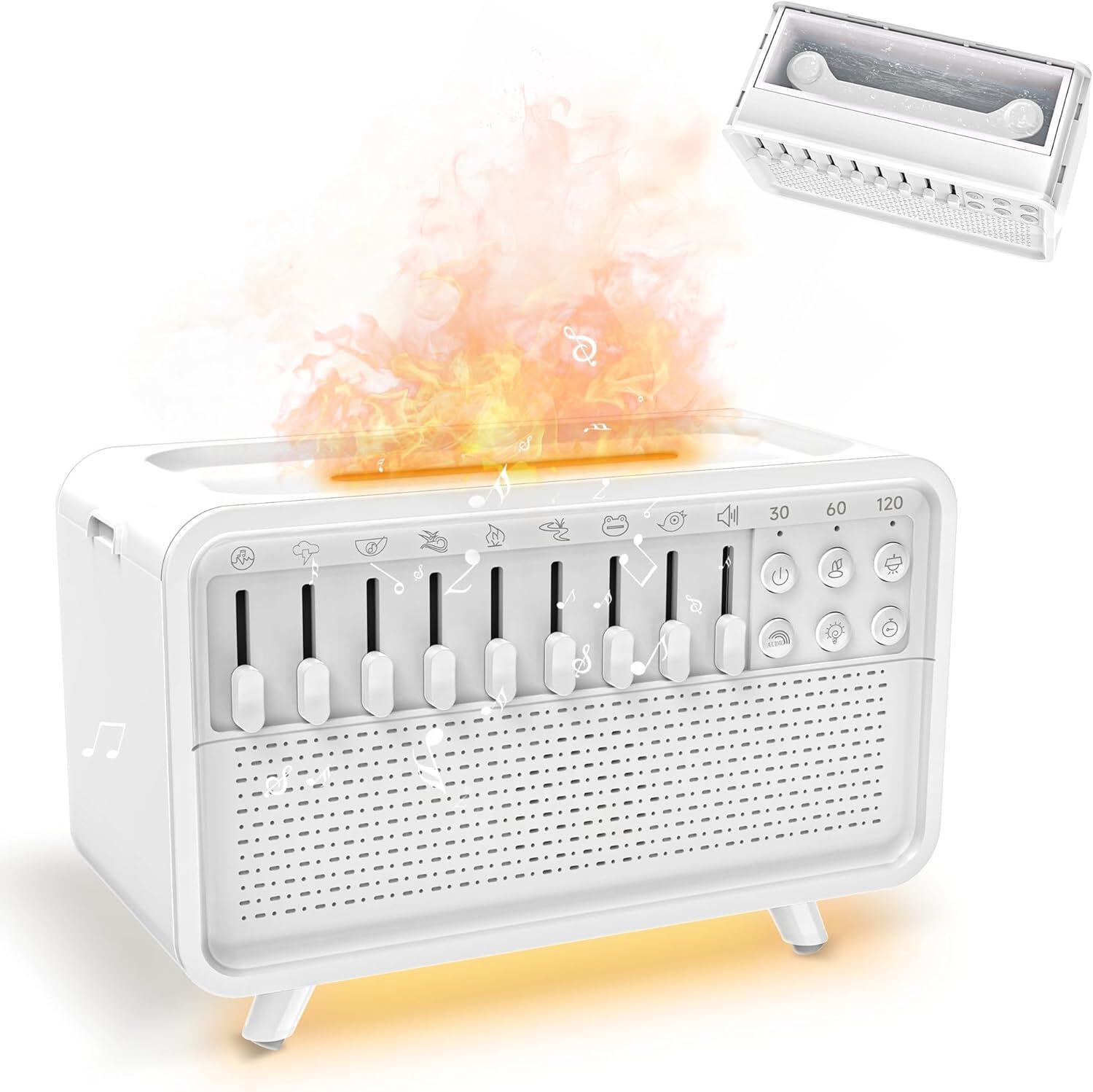 加湿器 アロマディフューザー Bluetooth 5.3で高速接続 ホワイズ睡眠機トノイ 加湿器付き LED 擬似炎効果 卓上 静音設計 睡眠改善 快眠 ナイトライト付き 音楽 寝室 オフィス 大人 子供対応 おしゃれ ギフト 新作 眠り 安眠