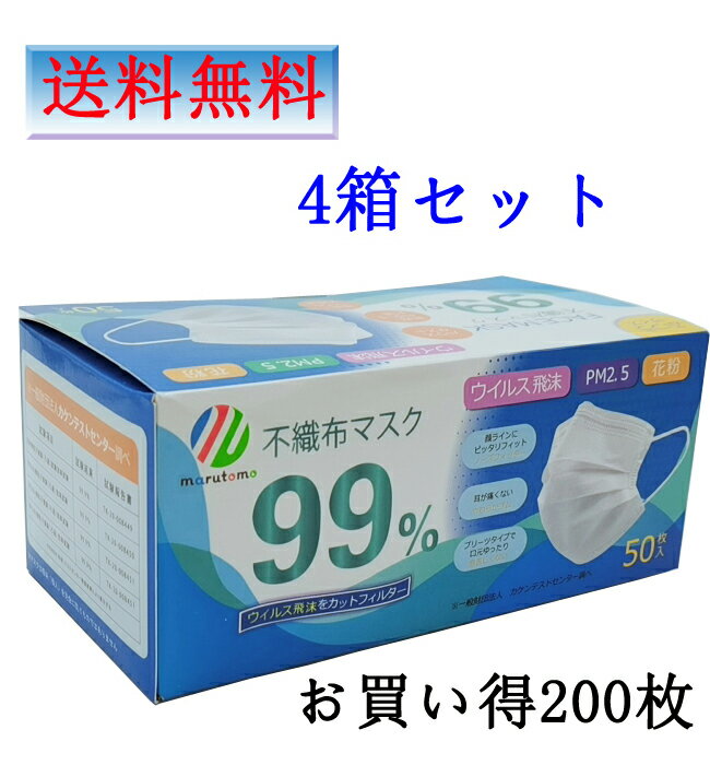 マスク 50枚×4箱セット フェイスマスク99 facemask 普通サイズ　3層構造 不織布 vfe bfe pfe 99%カット 高性能フィルター 送料無料