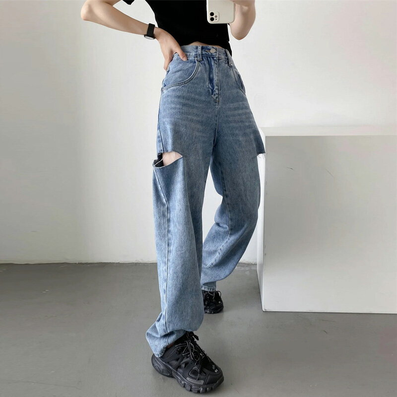 【クーポンで半額★3480円 】ストレートパンツ デニムパンツ ハイウエスト ダメージデニム デニム ジーンズ パンツ ボトムス レディース 春 夏 秋【l301-711】【予約：6月2日までに発送】【送料無料】メ込のサムネイル