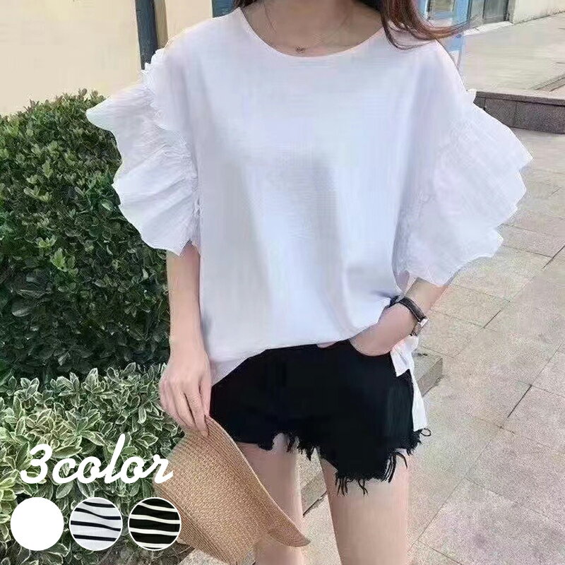 【クーポン利用で2280円 】フリル袖 カットソー Tシャツ 半袖 ボーダー 無地 ラウンドネック トップス 大人 かわいい レディース 韓国ファッション【l301-648】【予約：7月28日までに発送】【送料無料】メ込のサムネイル