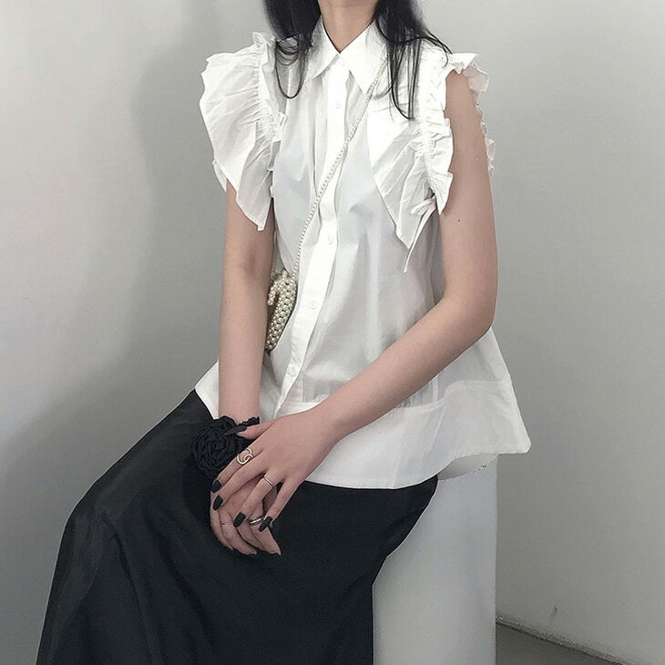 【クーポンで半額2990円 】付けフリル シャツ ノースリーブ ブラウス トップス 大人 かわいい レディース 韓国ファッション【l302-513】【予約：8月11日までに発送】【送料無料】メ込のサムネイル