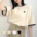 ハートロゴ Tシャツ カットソー ハート ロゴ カットソー Tシャツ サイドスリット 半袖 五分袖 トップス レディース 夏 オーバーサイズ 【os206-658】【即納:1-5営業日】【送料無料】メ込