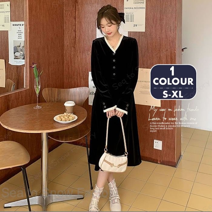 Rakuten - 新作ワンピース春秋 レディースワンピース 春ワンピースレディース ベロアワンピース春秋 膝丈ワンピース ロングワンピース春 大人ワンピース きれいめワンピース春 Aラインワンピース春 フレアワンピース春 可愛い 高級感 お出かけ デート レース飾り