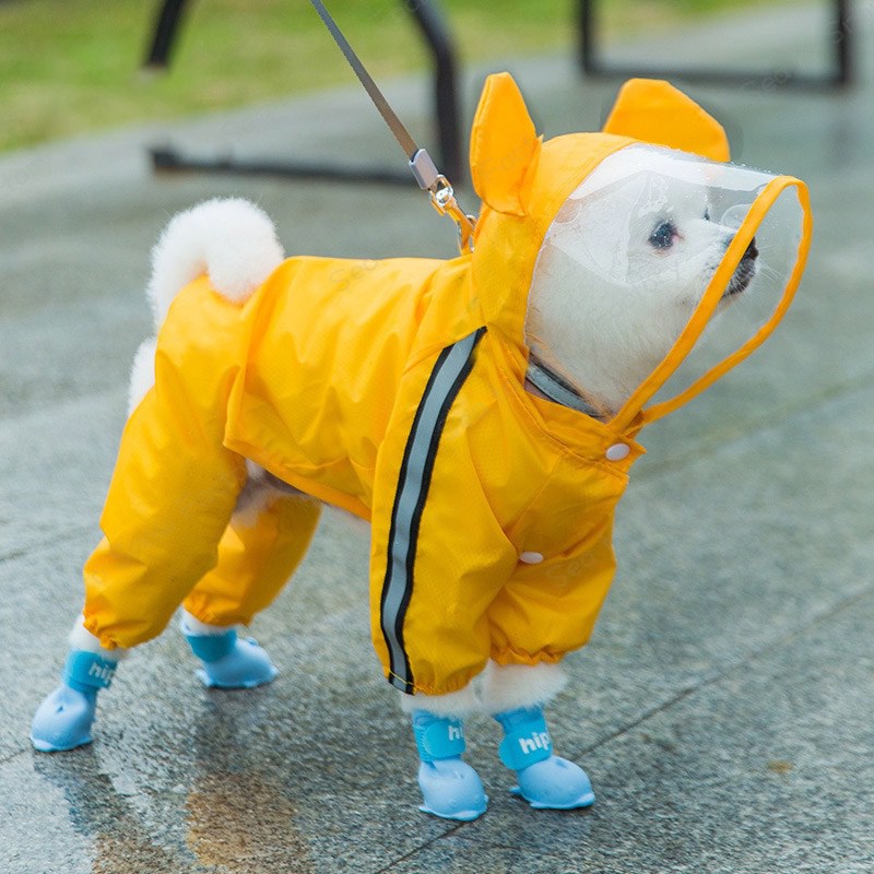 Rakuten - 反射テープ付き 子犬 イエロー レインコート ポンチョ レインコート ドッグウェア 犬の服 小型犬 中型犬 ペット服 雨具 リード付ける穴 通気 防風