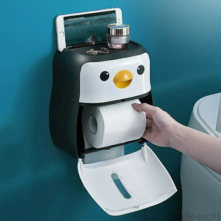 樂天商城 - 【送料無料】/ ブラック スマホ置き場 台 小物置き場 ペンギン 動物 ユニーク トイレットペーパーホルダー トイレ用品