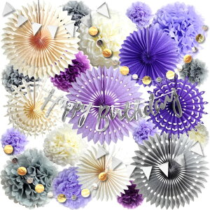 ペーパーファン セット 誕生日 飾り付け デコレーション ペーパーフラワー ガーランド 花 大人 女 男 女の子 男の子 ハーフ 100日 1歳 2歳 3歳 バースデー パーティー 装飾 祝い birthday party パープル deerzon