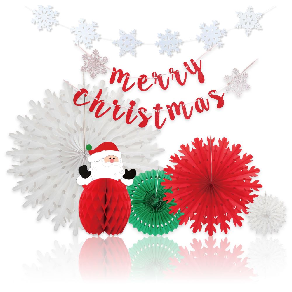 deerzon クリスマス クリスマスペーパーファンセット Dタイプ ＼クリスマスのデコレーションに／・手軽に飾れるクリスマスペーパーファンセット ・ペーパーファン4個、雪の結晶ガーランド付き ・子供から大人まで楽しめる飾りセットです Dタイプ：7点セット扇のように一周開いてクリップで留めるだけ。とても簡単で華やかに飾れるので人気のアイテムです。merry christmasガーランドは、飾りを引き立てるおしゃれなデザイン。紙にあいた穴にヒモを通すだけで飾れます。サンタクロース ハニカムボールはくるんと回して開き、クリップで留めるだけ。※merry christmasガーランドは、文字と雪の結晶の紙をレーザーカットで焼き切って製作しております。高温でカットしておりますため、焦げが所々出てしまうことがございます。何卒ご了承くださいませ。雪の結晶ガーランドを飾れば、さらに本格的なクリスマス仕様になります。「置いて」「吊るして」2WAYで飾れます！サンタクロース ハニカムボールはくるんと回して開き、クリップで留めるだけ。イベントやパーティーにおすすめです。手軽に飾れてどんな空間もクリスマス仕様に。クリスマスパーティーの装飾や、店舗装飾、クリスマスイベントにもぴったりのデコレーションセットです。 丁寧な梱包でお届けいたします 説明書付きですので、飾り付けをしたことがない方＆自信がない方でもスムーズにご準備できます。クリスマスをお楽しみください。Merry Christmas!!≪ショップからのお願い≫ ※ スタッフがすべて目視にて検品しておりますが、海外輸入品ですので多少のスレや、折れ、接着剤のはみ出しなどがある場合がございます。ご理解のほど、何卒よろしくお願いいたします。 ※ 風船は、空気を入れ過ぎると割れることがございます。 ※ 商品のデザインは、メーカーのモデルチェンジに伴い、変更されることがございます。適宜ページは修正いたしますが、商品が先行して変更となる場合がございますので、ご了承ください。 ※ お使いのモニターにより、バルーンの色が写真と異なって見える場合がございます。また、ロットにより若干色味に差が出る場合がございますので、ご了承ください。 ※merry christmasガーランドは、文字と雪の結晶の紙をレーザーカットで焼き切って製作しております。高温でカットしておりますため、焦げが所々出てしまうことがございます。何卒ご了承くださいませ。≪ご注意≫ ※ 風船を吸い込まないようにご注意ください。窒息などの危険があります。 ※ 小さなお子様の手の届かないところで保管してください。特に、膨らませていない風船、破れた風船、小さな部品、紙類などは誤飲しないようご注意ください。 ≪安心の30日保証≫ 商品が届いてから30日間は返品・交換を承ります。風船の特性上、目には見えない小さな穴があいていることがあり、空気を入れてみないとわからない場合がございます。代替品がご使用日までに間に合いますよう、お日にちに余裕を持ったご注文と商品到着後すぐに空気を少量入れて穴あきなどの問題がないかお客様にてチェックをお願いいたします。問題がありました場合には、当店までメールにてご連絡くださいませ。（少人数で運営しております。順番にご対応させていただきますので、ご協力をお願いいたします。） ≪お問合せ方法≫ 楽天市場トップページの右上にございます「購入履歴」をクリック。該当商品の「ショップへ問い合わせ」ボタンよりお問い合わせください。 お問い合わせの際は、1.ご注文番号 2.お名前 3.当商品のご使用予定日 4.不備があったアイテムと状態 5.代替品の送り先のご住所 をご記入願います。ご協力をお願いいたします。 【こちらもおすすめ！】deerzonクリスマス ペーパーファンセット Aタイプ↓ 画像をクリックしていただくと、商品ページをご覧いただけます。ペーパーファン8個、モミの木ガーランド、結晶オーナメントまで付いた豪華なフルセット。【こちらもおすすめ！】deerzonクリスマス ペーパーファンセット Cタイプ↓ 画像をクリックしていただくと、商品ページをご覧いただけます。ペーパーファン4個、バルーン、リボンで華やかパーティーにおすすめです。 【こちらもおすすめ！】deerzonクリスマス バルーンセット Aタイプ ↓ 画像をクリックしていただくと、商品ページをご覧いただけます。 クリスマスモチーフのバルーンがたくさん入ったパーティーにおすすめのセット。 空気入れとバルーンスタンドまで付いたフルセットです。 【こちらもおすすめ！】deerzonクリスマス バルーンセット Bタイプ↓ 画像をクリックしていただくと、商品ページをご覧いただけます。バルーンはAタイプと同じセット内容です。 空気入れとバルーンスタンドが付いていないセットとなります。 【こちらもおすすめ！】deerzonクリスマス バルーンセット Cタイプ ↓ 画像をクリックしていただくと、商品ページをご覧いただけます。 お手軽に飾れる10点セットです。 【こちらもおすすめ！】deerzonクリスマス サンタ袋 3点セット ↓ 画像をクリックしていただくと、商品ページをご覧いただけます。 プレゼントのラッピングにピッタリなサンタクロースの袋セット。 サンタ袋、麻袋、トナカイバルーンの便利な3点セットです。