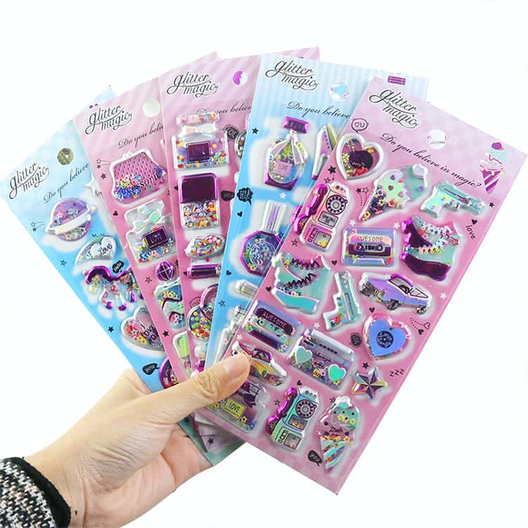 【6枚入り】キラキラシール ノート シャカシャカ 立体ステッカー ごほうびシール 封筒 光沢感 デコレーション シール手帳 可愛い 手紙 落書き帳 アルバム カレンダー グリッター ラッピング プレゼント 2
