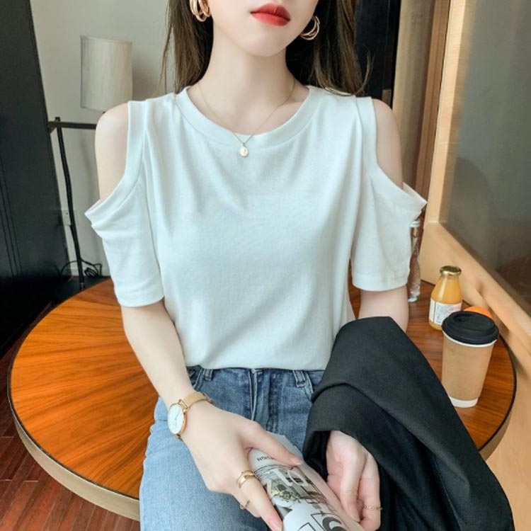 オフショルダー 無地 Tシャツ 肌見せ 半袖Tシャツ 半袖 肩あき オフショル 肩出し ...