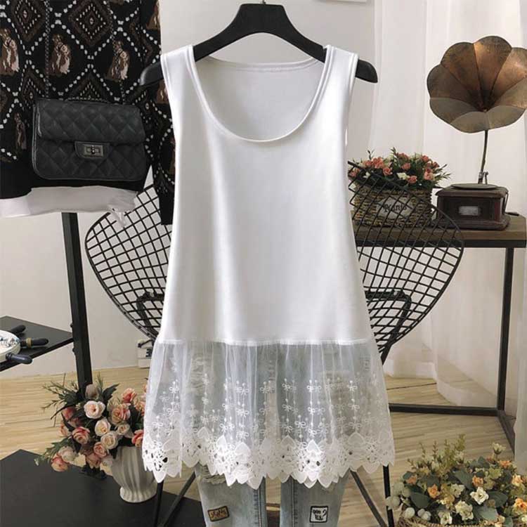 タンクトップ 裾見せ タンクトップ 付け裾 裾見せ レイヤード風 ロング丈 Tシャツ ノースリーブ 重ね着 フレア クルーネック レース インナー トップス キャミソール 小物 スカラップレース 体型カバー お尻が隠れる 大きいサイズ 付け裾 レディース 秋冬