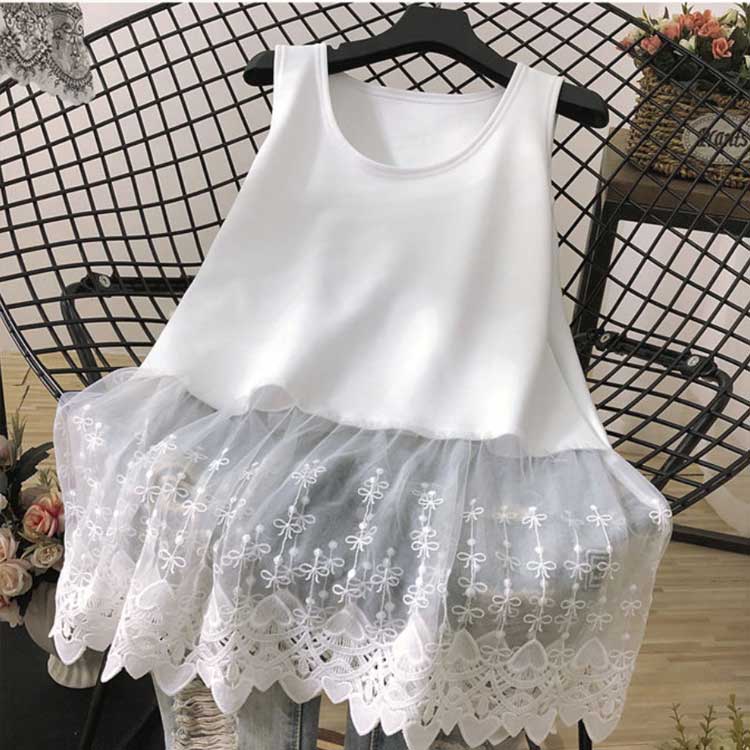 タンクトップ 裾見せ タンクトップ 付け裾 裾見せ レイヤード風 ロング丈 Tシャツ ノースリーブ 重ね着 フレア クルーネック レース インナー トップス キャミソール 小物 スカラップレース 体型カバー お尻が隠れる 大きいサイズ 付け裾 レディース 秋冬