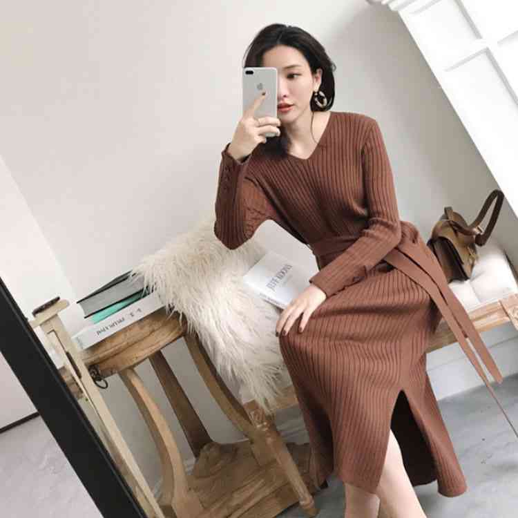 ニットワンピース ロング丈 ワンピース スリット入り リブニット Vネック 秋冬 レディース 長袖 ニットセーター お洒落 無地 エレガント 送料無料