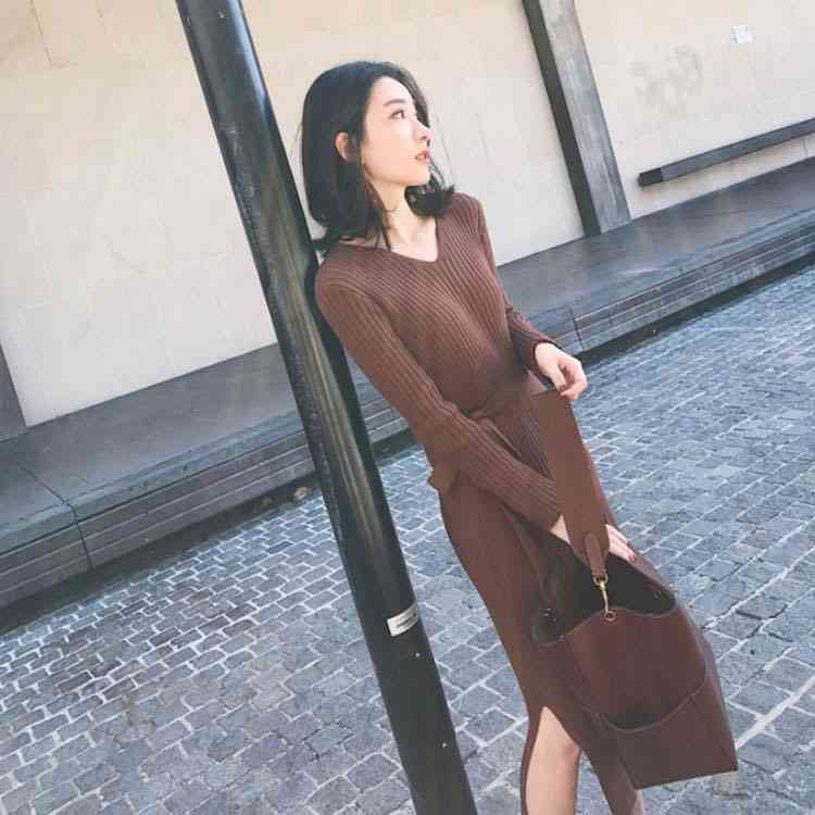 ニットワンピース ロング丈 ワンピース スリット入り リブニット Vネック 秋冬 レディース 長袖 ニットセーター お洒落 無地 エレガント 送料無料