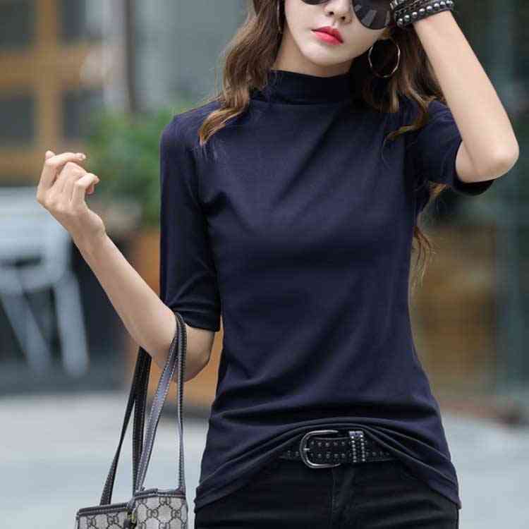 Tシャツ レディース 五分袖 トップス カットソー 無地 シンプル ハイネック インナ...