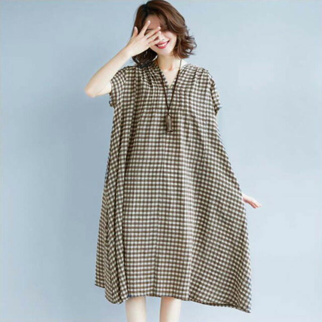ギンガムチェックワンピース 大きサイズ ワンピース 半袖 チェック柄ワンピース 麻混 綿麻 半袖ワンピース ミディアム丈 Vネック ゆったり ボリューム 体型カバー 可愛い 夏 夏物送料無料