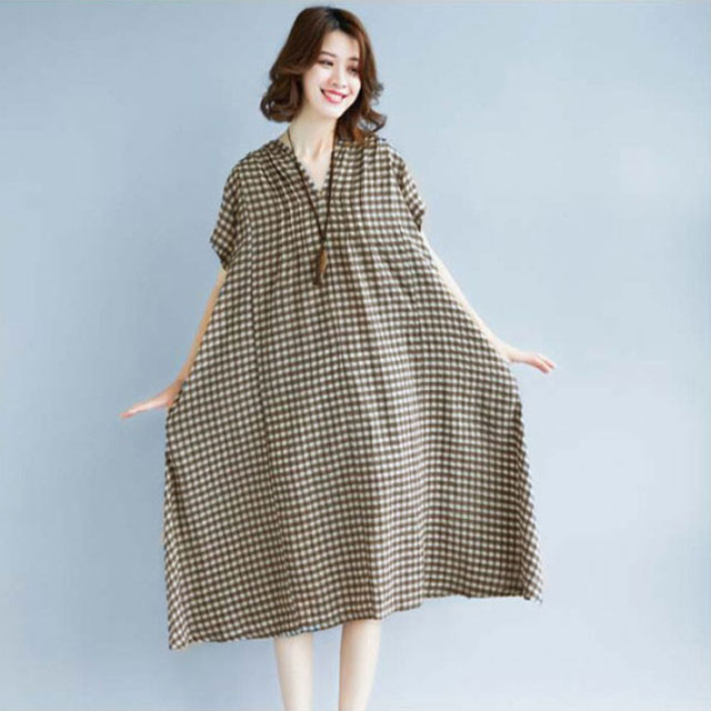 ギンガムチェックワンピース 大きサイズ ワンピース 半袖 チェック柄ワンピース 麻混 綿麻 半袖ワンピース ミディアム丈 Vネック ゆったり ボリューム 体型カバー 可愛い 夏 夏物送料無料