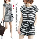 半袖Tシャツ レディース ショートパンツ ボーダー柄 上下2点セット ゆったり Tシャツ 女性用 カットソー 蝶結び ハーフパンツ 短パン 夏物送料無料
