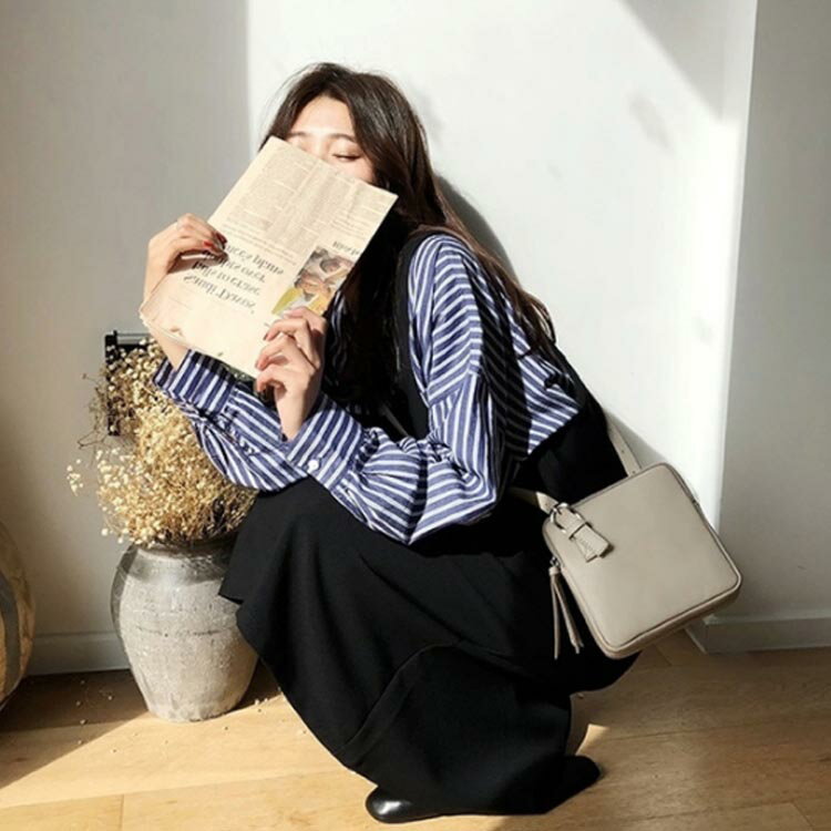 サロペット 長袖シャツ レディース 2点セット ブラウス ストライプ柄 シャツ サロペットワンピース 体型カバー 女性用 春秋物 セットアップ送料無料