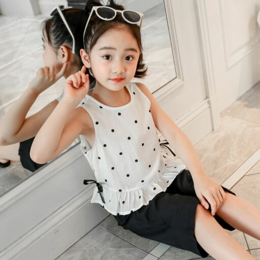 子供用 タンクトップ 七分丈パンツ 女児 上下2点セット 女の子 ハーフパンツ ノースリーブ ブラウス Tシャツ 水玉柄 ジュニア服 夏物 薄手送料無料