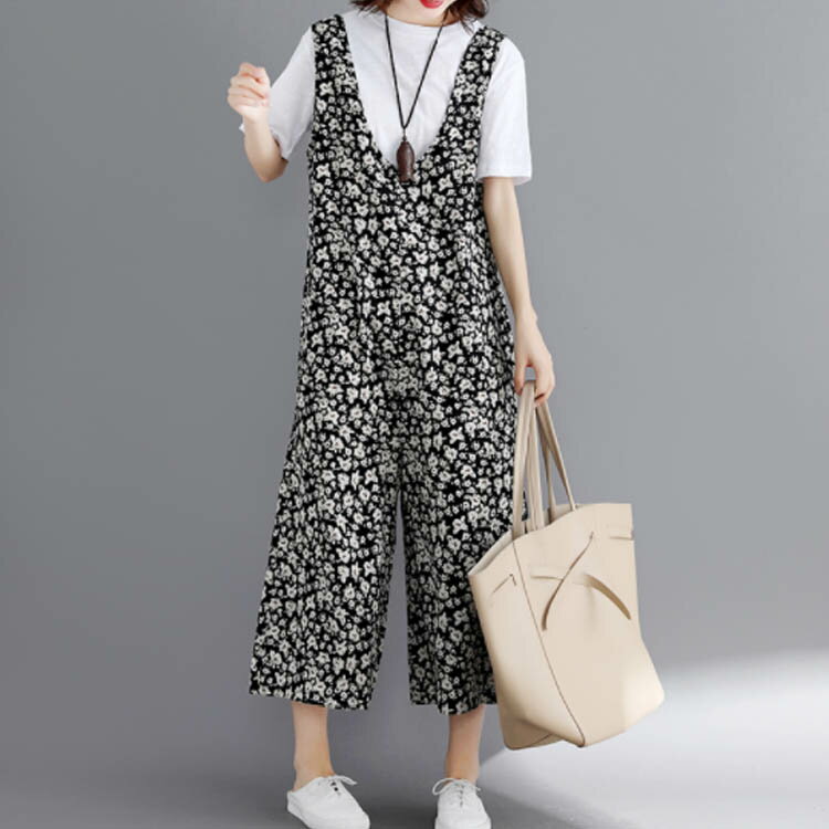 華やぐクラシック花咲く！サロペット オールインワン ワイドパンツ 七分袖 ボトムス オールインワンワイドパンツ 花柄サロペット 総柄 プリント 春 夏 美脚 ワイド
