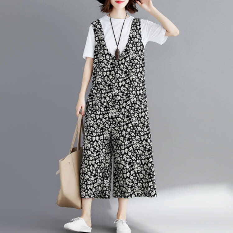 華やぐクラシック花咲く！サロペット オールインワン ワイドパンツ 七分袖 ボトムス オールインワンワイドパンツ 花柄サロペット 総柄 プリント 春 夏 美脚 ワイド