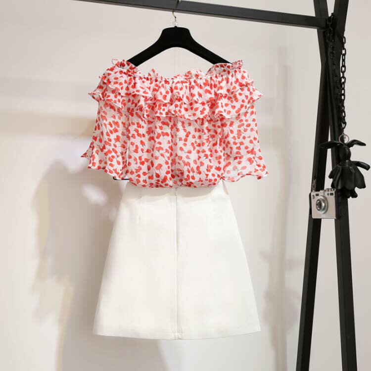 L-4XLサイズ！オフショルダーブラウス×スカートのセットアップ 2点set レディース 総柄 オフショルダーブラウス ミニスカート aライン 上下set 夏 レディース 大きサイズ送料無料
