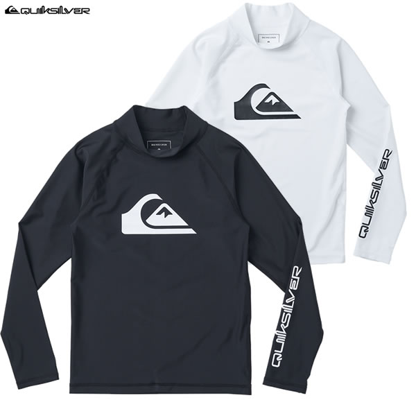 ■ゆうパケット対象商品 子供用 QUIKSILVER ラッシュガード ALL TIME LR YOUTH KLY241021 定価：　￥4,900 (税抜き) リサイクルポリエステルを使用した、縦横に強い伸縮性を持つトリコット素材の長袖ラッシュガード。フロントに山波ロゴ、左袖にワードロゴをプリントしました。最高値UPF50+で紫外線からお子様の肌を守ります。高い速乾性もうれしいポイント。シルエットはスポーツシーンに適したレギュラーフィット。 Polyester83%/Polyurethane17% サイズ: 130/140/150/160 サイズ目安 130/身丈:41.5・裄丈:63cm 140/身丈:53・裄丈:69cm 150/身丈:56.5・裄丈:73.5cm 160/身丈:62.5・裄丈:73cm ※メーカー目安です。 ◆予めご了承下さいませ◆ 在庫システムのデータ反映タイムラグ等により、まれにご注文商品が欠品している場合がございます。 お使いのパソコンやモニターの環境により、色に違いが 出ることがあります。