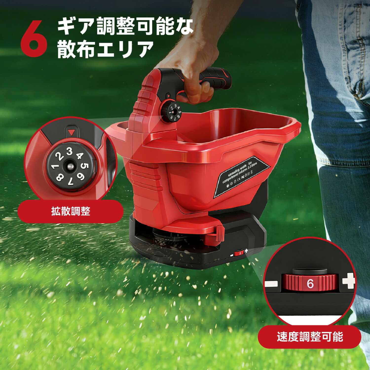 ONEVAN 散粒機 電動 肥料散布機 充電式 種まき機 コードレス 播種機 6段階調節 最大散布幅5m 最大800平方メートル対応 3.3L大容量 18V-21V バッテリー2個付き 除草剤 肥料 種子 顆粒 飼料 散布器 軽量 農作業・家庭菜園・除草剤散布・凍結防止剤対応 2