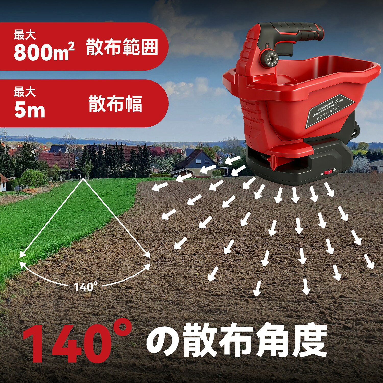 ONEVAN 散粒機 電動 肥料散布機 充電式 種まき機 コードレス 播種機 6段階調節 最大散布幅5m 最大800平方メートル対応 3.3L大容量 18V-21V バッテリー2個付き 除草剤 肥料 種子 顆粒 飼料 散布器 軽量 農作業・家庭菜園・除草剤散布・凍結防止剤対応 3