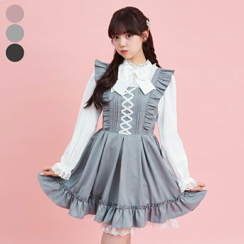 ★センターレースアップジャンドレ3/20 12:00 販売スタートsecrethoney　シークレットハニー　シーハニ　量産型　レディース　ガーリー　半袖　無地　グレー　ピンク　ブラック　黒