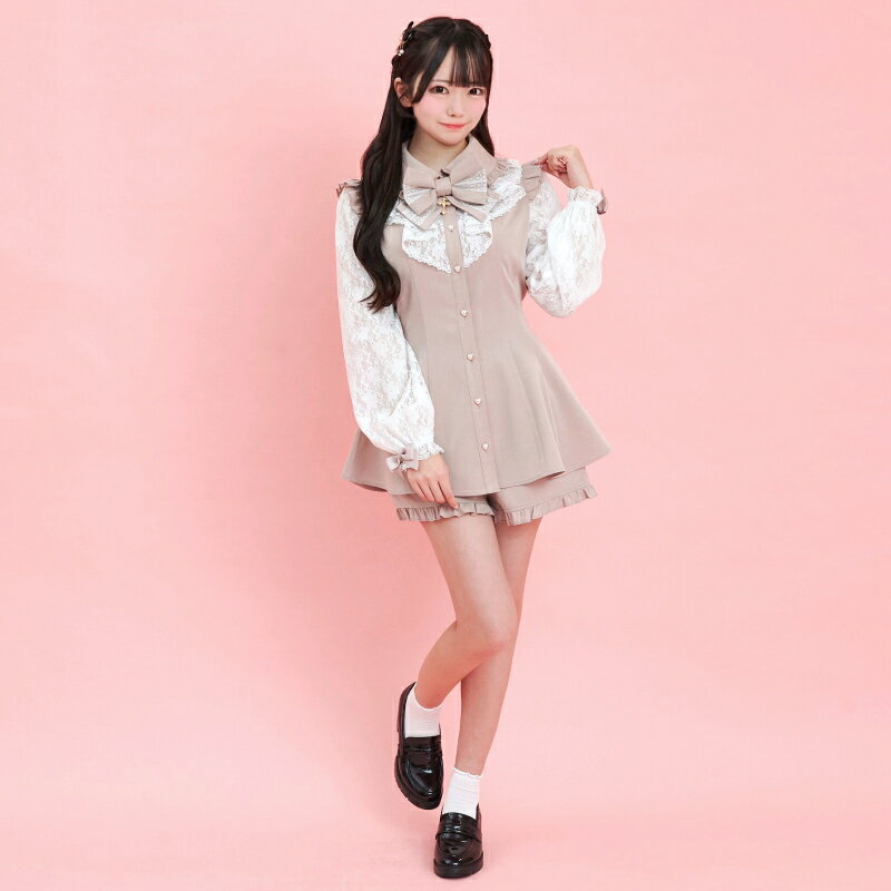 ラッフル袖レース長袖セットアップ3/13 12:00 新色グレー・チェッククロ販売スタート3/13 12:00 ピンク・クロ・ブラック再入荷secrethoney　シークレットハニー　シーハニ　量産型　レディース　ガーリー　長袖　無地　ピンク　グレー　黒　ブラック　チェック