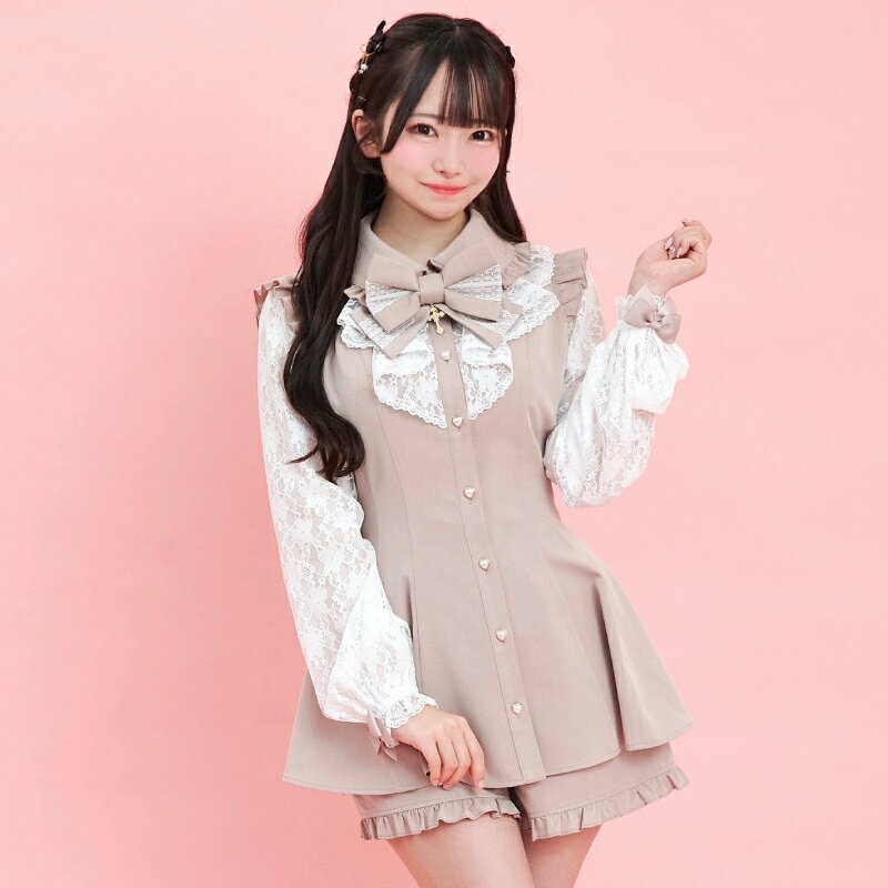 ラッフル袖レース長袖セットアップ3/13 12:00 新色グレー・チェッククロ販売スタート3/13 12:00 ピンク・クロ・ブラック再入荷secrethoney　シークレットハニー　シーハニ　量産型　レディース　ガーリー　長袖　無地　ピンク　グレー　黒　ブラック　チェック