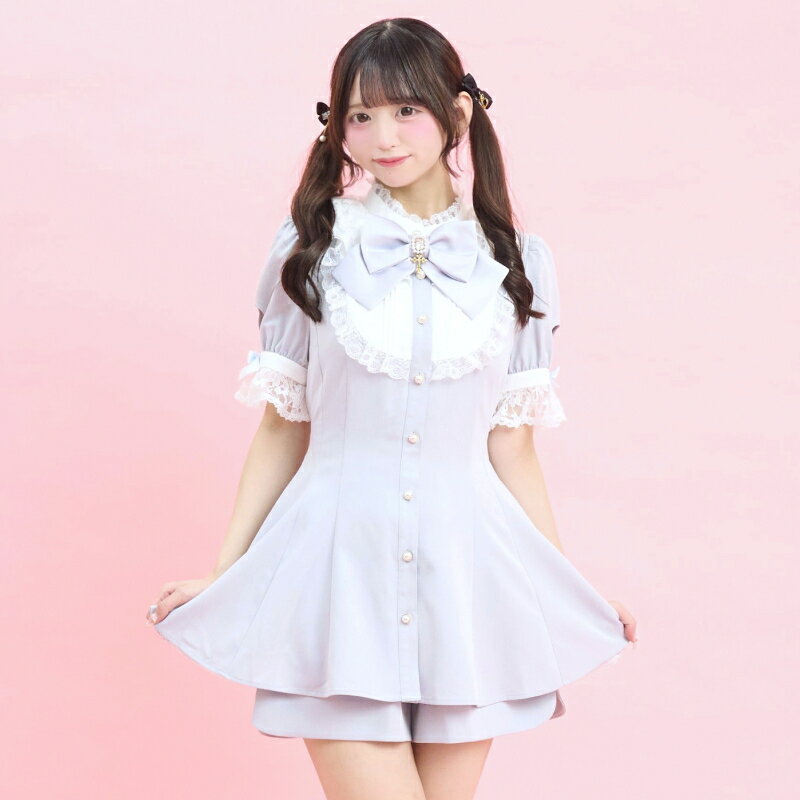 バッスル半袖セットアップ4/15 12:00 販売スタートsecrethoney　シークレットハニー　シーハニ　量産型　レディース　ガーリー　半袖　無地　ストライプ　ピンク　グレー　ブラック　黒　レース