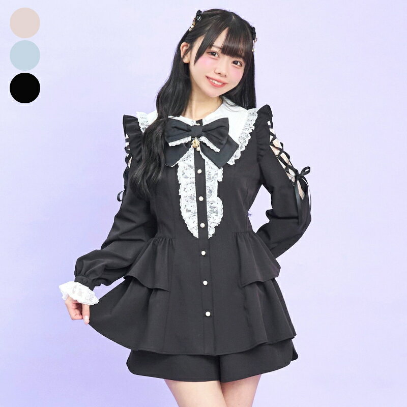 ロングポイントカラーショルダーレースアップセットアップ1/8 12:00 ピンク再入荷12/26 12:00 販売スタートsecrethoney　シークレットハニー　シーハニ　量産型　レディース　ガーリー　長袖　無地　ピンク　ブルー　ブラック　黒