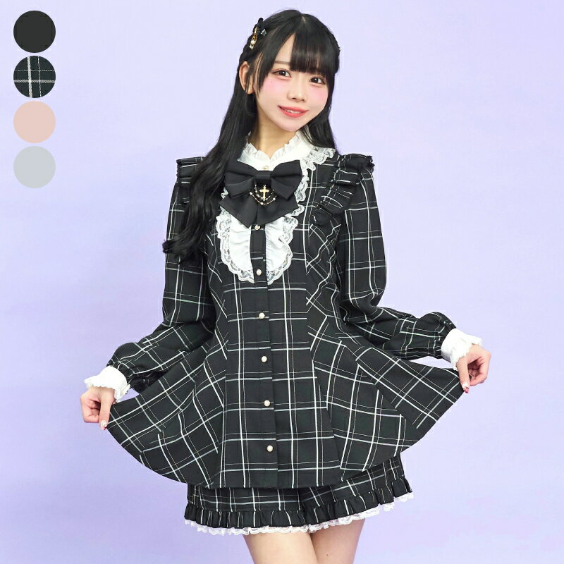 アクセサリーリボンレースフリルセットアップ3/19 12:00 新色販売スタート3/19 12:00 ピンク再入荷secrethoney　シークレットハニー　シーハニ　量産型　レディース　ガーリー　長袖　無地　ピンク　ブラック　黒　チェック　ブルー