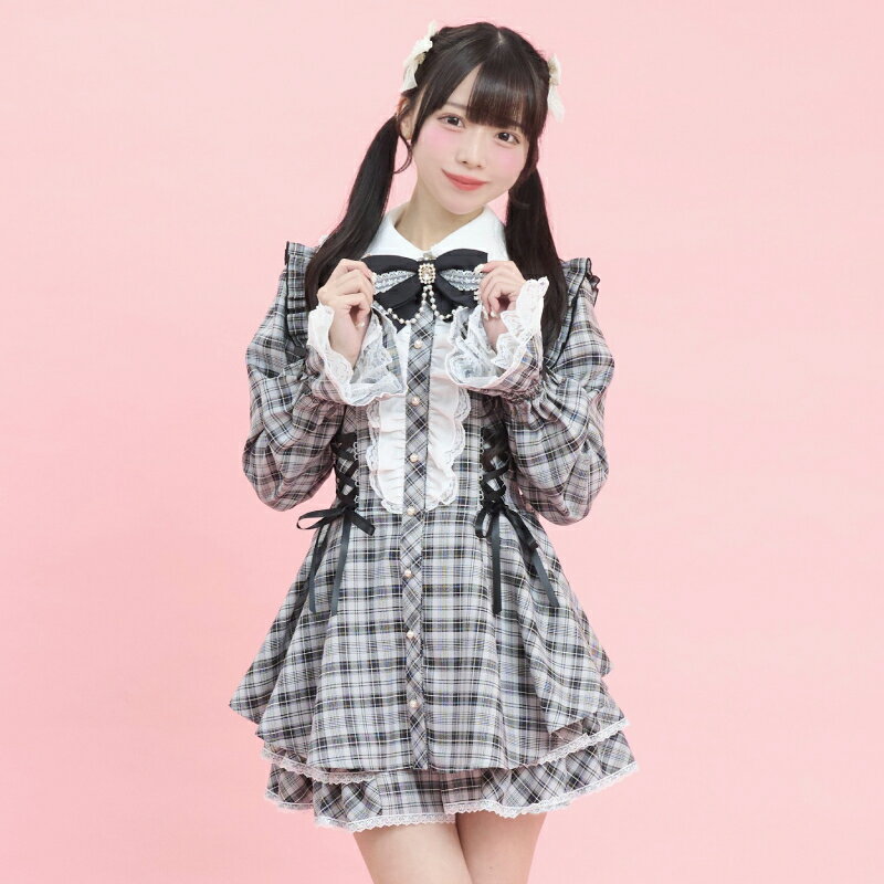 サイドレースアップティアードスリーブセットアップ3/11 12:00 販売スタートsecrethoney　シークレットハニー　シーハニ　量産型　レディース　ガーリー　長袖　無地　チェック　グレー　ブラック　黒