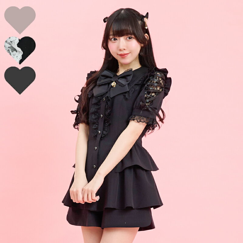 ロングポイントカラーショルダーレースアップ半袖セットアップ4/25 12:00 販売スタートsecrethoney　シークレットハニー　シーハニ　量産型　レディース　ガーリー　無地　ピンク　ブラック　黒（楽天・Secret Honey）