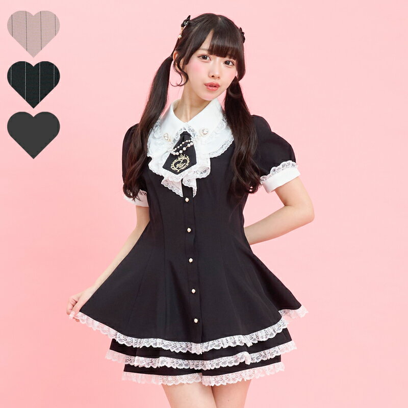 ラッフルネクタイ半袖セットアップ4/22 12:00 販売スタートsecrethoney　シークレットハニー　シーハニ　量産型　レディース　ガーリー　無地　ストライプ　ピンク　ブラック　黒（楽天・Secret Honey）