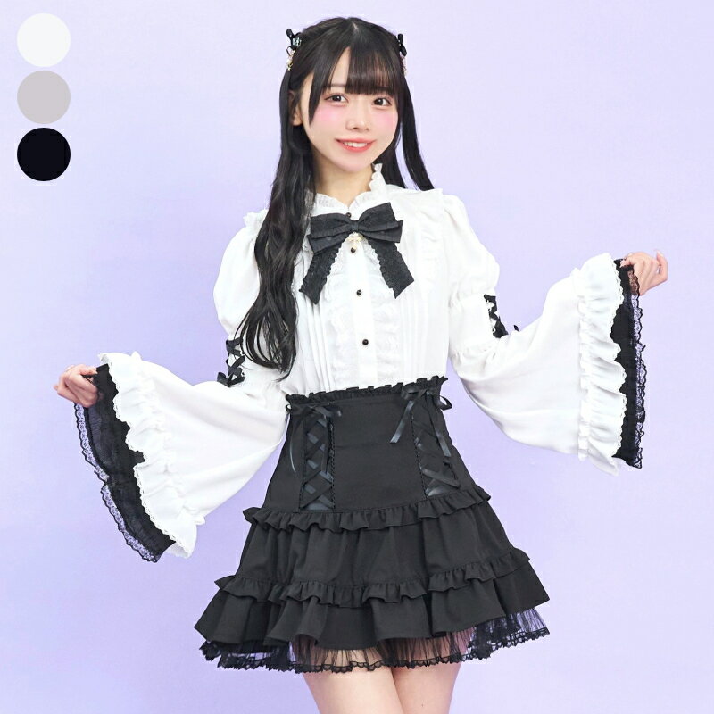 フレア袖スタンドカラーブラウス1/15 12:00 販売スタートsecrethoney　シークレットハニー　シーハニ　量産型　レディース　ガーリー　長袖　ホワイト　白　グレー　ブラック　黒