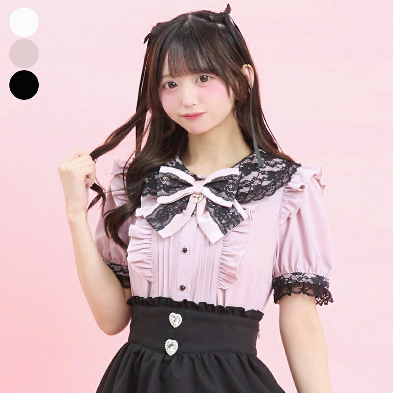 レース襟ピンタックブラウス4/3 12:00 販売スタートsecrethoney　シークレットハニー　シーハニ　量産型　レディース　ガーリー　半袖　ホワイト　白　ピンク　ブラック　黒