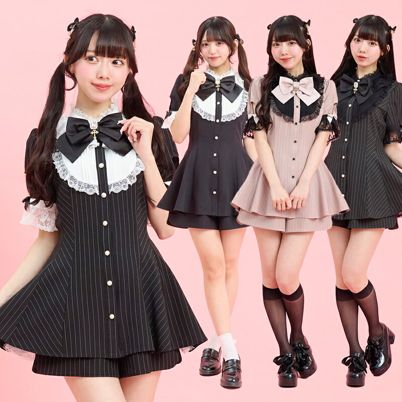 バッスル半袖セットアップ7/17 12:00 新色ワイン登場4/15 12:00 販売スタートsecrethoney　シークレットハニー　シーハニ　量産型　地雷系　参戦服　　レディース　可愛い　半袖　無地　ストライプ　ピンク　グレー　ブラック　黒　レース