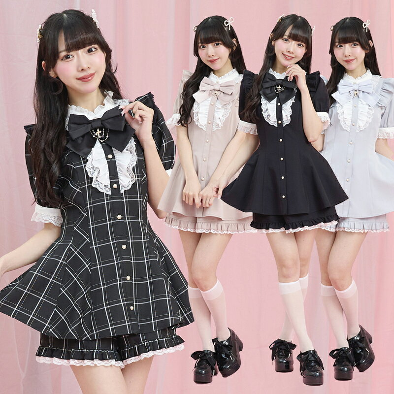 アクセサリーリボンレースフリル半袖セットアップ5/2 12:00 ピンク再入荷4/10 12:00 販売スタートsecrethoney　シークレットハニー　シーハニ　量産型　地雷系　双子コーデ　参戦服　レディース　可愛い　無地　チェック　ブラック　黒　ピンク　グレー